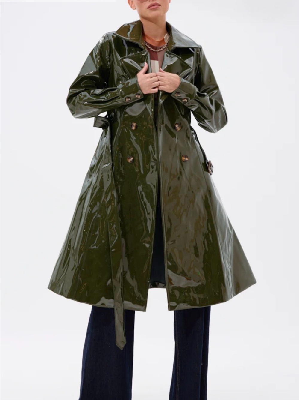 AKIRA MITICA PATENT TRENCH IN OLIVE Size LL - Picture 4 of 6